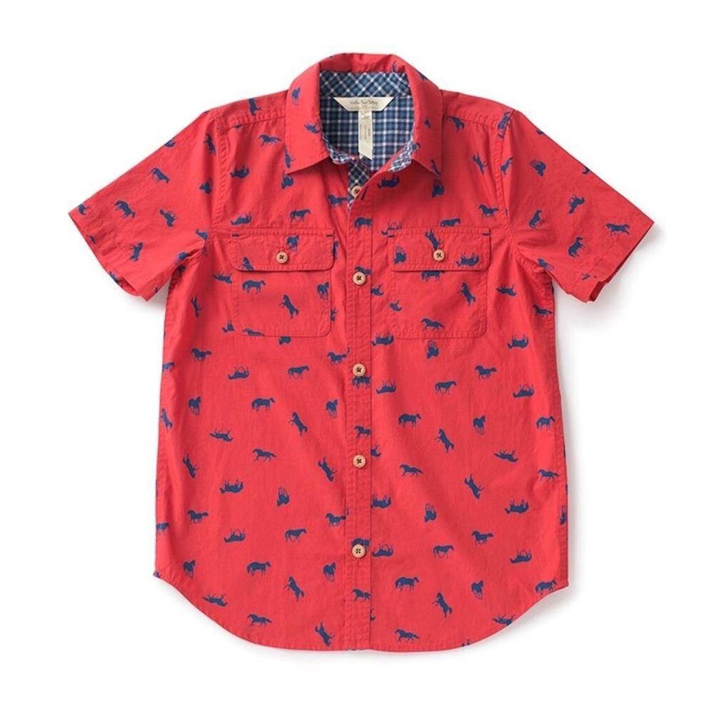 Matilda Jane Joanna Gaines Shirt Red Horse Print Short Sleeve Button Up Shirt L